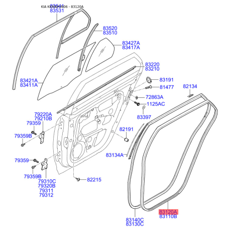 Ущільнення дверей праве 83120-1D001 Mobis - 831201D001 - схема з каталогу 83120A, KKMAPUN06 831201D001