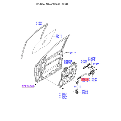 Ручка двери, внутреннее оснащение левая 82610-2B010J9 Mobis - 826102B010J9 - схема с каталога 82610, AHMAPCMA06 826102B010J9