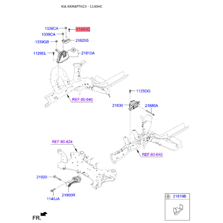 Болт кронштейна мотора 21821-2G536 Mobis - 218212G536 - схема з каталогу 1140HC, KKMAPTH23 218212G536