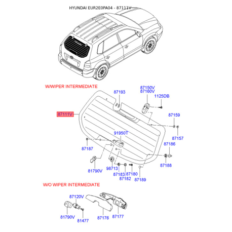 Заднее стекло 87111-2E001 Mobis - 871112E001 - схема с каталога 87111V, EUR2E0PA04 871112E001