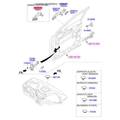 Рама ручки двери правая 82661-2W000 Mobis - 826612W000 - схема с каталога 82661R, KEURPDM15 826612W000