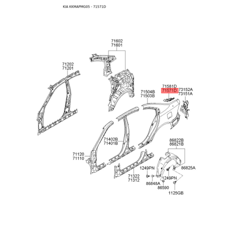 Усилитель задний боковины левый 71571-2G100 Mobis - 715712G100 - схема с каталога 71571D, KKMAPMG05 715712G100