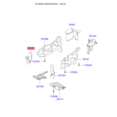 Спойлер, облицювання радіатора праве 29136-2D100 Mobis - 291362D100 - схема з каталогу 29136, HMA2D0PA00 291362D100