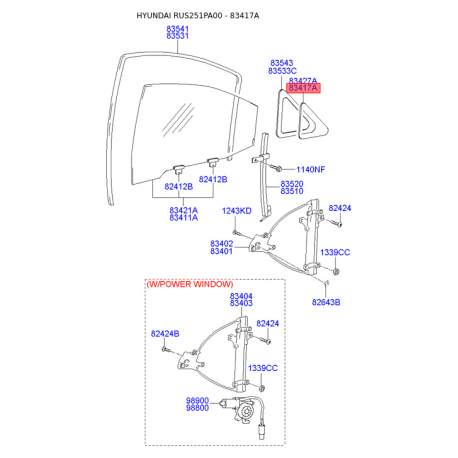 Бокове вікно дверей ліве 83561-25010 Mobis - 8356125010 - схема з каталогу 83417A, RUS251PA00 8356125010