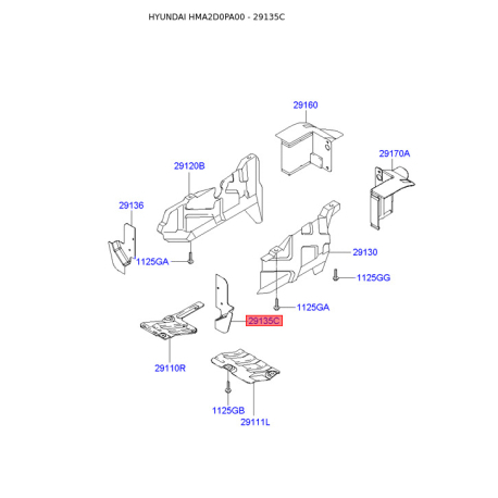 Спойлер, облицювання радіатора ліве 29135-2D100 Mobis - 291352D100 - схема з каталогу 29135C, HMA2D0PA00 291352D100