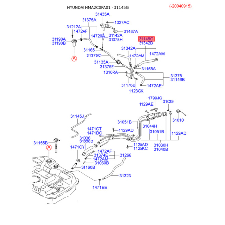 Топливопровод 31145-2D000 Mobis - 311452D000 - схема с каталога 31145G, HMA2C0PA01 311452D000