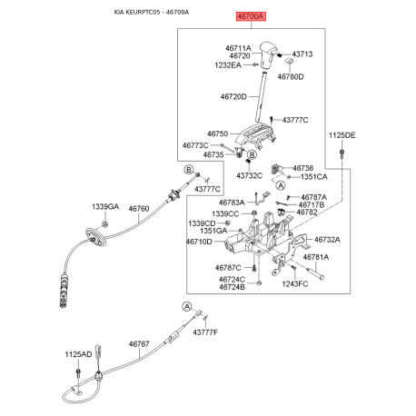 Важіль перемикання передач АКПП 46700-1G555VA Mobis - 467001G555VA - схема з каталогу 46700A, KEURPTC05 467001G555VA