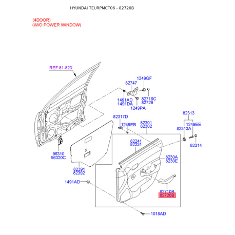 Ручка двери, внутреннее оснащение правая 82720-1E011AR Mobis - 827201E011AR - схема с каталога 82720B, TEURPMCT06 827201E011AR
