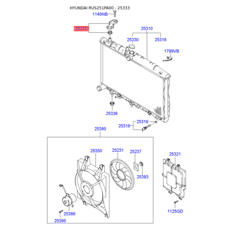 Кріплення радіатора верхнє 25333-25100 Mobis - 2533325100 - схема з каталогу 25333, RUS251PA00 2533325100