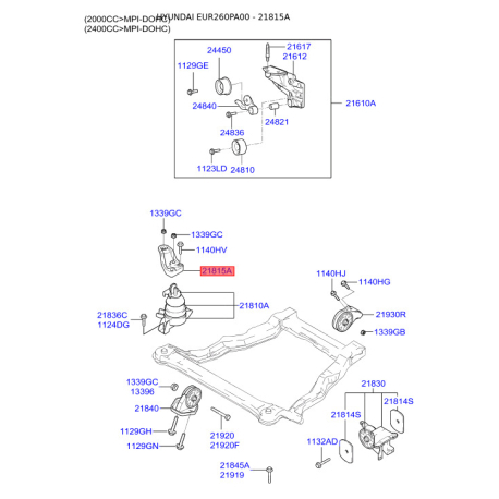 Кронштейн, подвеска двигателя 21815-26600 Mobis - 2181526600 - схема с каталога 21815A, EUR260PA00 2181526600