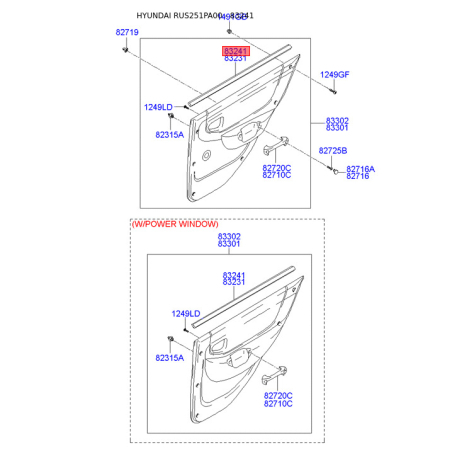 Ущільнювач (прокладка), бічне скло правий 83241-25000 Mobis - 8324125000 - схема з каталогу 83241, RUS251PA00 8324125000