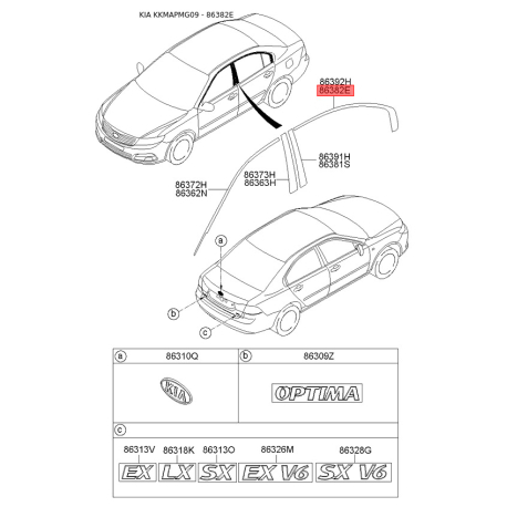 Облицовка / защитная накладка, боковина левая верхняя 86382-2G000 Mobis - 863822G000 - схема с каталога 86382E, KKMAPMG09 863822G000