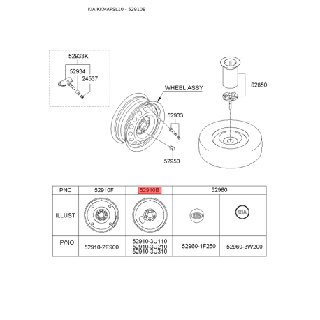 Диск 52910-3W330 Mobis - 529103W330 - схема с каталога 52910B, KKMAPSL10 529103W330