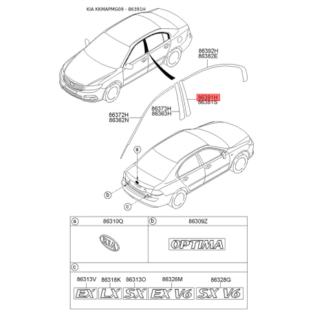 Облицювання / захисна накладка, боковина праве 86391-2G000 Mobis - 863912G000 - схема з каталогу 86391H, KKMAPMG09 863912G000