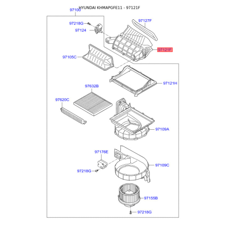 Крышка (корпус или кронштейн) отопителя правая 97121-3SYF0 Mobis - 971213SYF0 - схема с каталога 97121F, KHMAPGFE11 971213SYF0