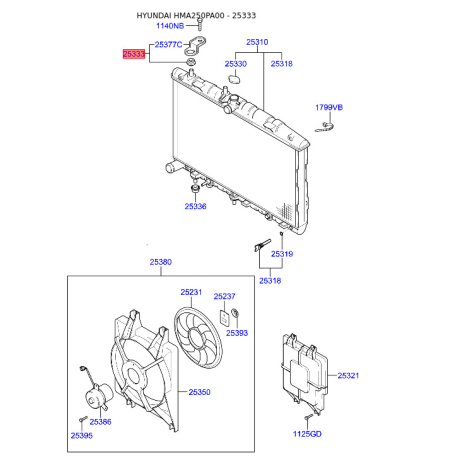 Крепление радиатора верхнее 25333-25550 Mobis - 2533325550 - схема с каталога 25333, HMA250PA00 2533325550