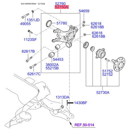 Кулак задний левый 52710-1D010 Mobis - 527101D010 - схема с каталога 52750A, KKMAPUN06 527101D010