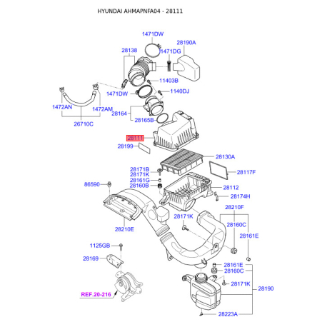 Фильтр воздушный 28111-3K010 Mobis - 281113K010 - схема с каталога 28111, AHMAPNFA04 281113K010