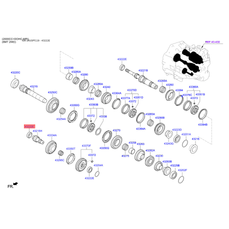 Підшипник проміжного вала 43222-3D100 Mobis - 432223D100 - схема з каталогу 43222E, SRUSPF119 432223D100