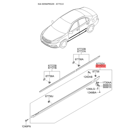 Молдинг порога, бампера і крила лівий 87751-2G500 Mobis - 877512G500 - схема з каталогу 87751V, KKMAPMG09 877512G500