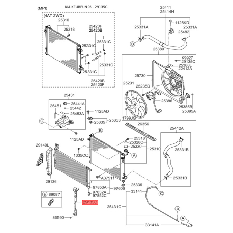 Спойлер, облицювання радіатора ліве 29135-1D200 Mobis - 291351D200 - схема з каталогу 29135C, KEURPUN06 291351D200