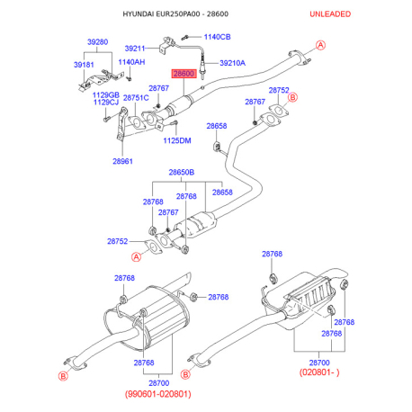 Глушник вихлопних газів середній передній 28610-25810 Mobis - 2861025810 - схема з каталогу 28600, EUR250PA00 2861025810