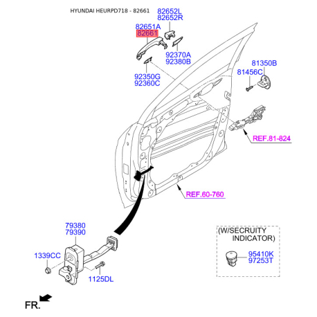 Ручка дверей права 82661-D7000 Mobis - 82661D7000 - схема з каталогу 82661, HEURPD718 82661D7000