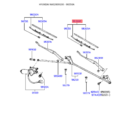 Щетка стеклоочистителя 98360-28030 Mobis - 9836028030 - схема с каталога 98350A, NAS2809100 9836028030