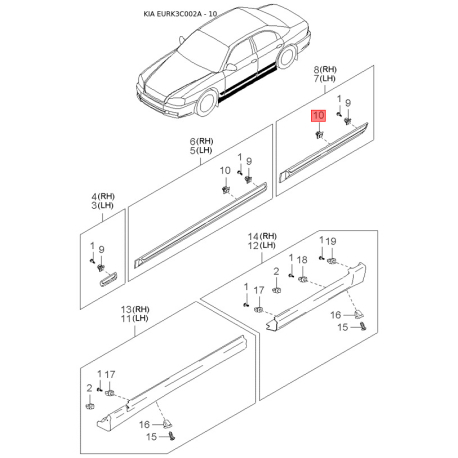 Порог пола (кузов) левый 71401-38D10 Mobis - 7140138D10 - схема с каталога 10, EURK3C002A 7140138D10