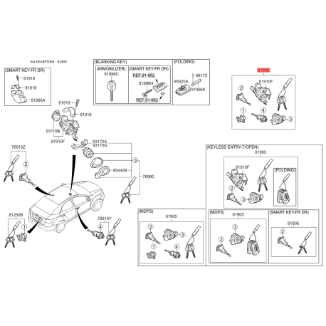 Замок (цилиндр) зажигания с ключами 81905-1M040 Mobis - 819051M040 - схема с каталога 81905, KEURPTD08 819051M040