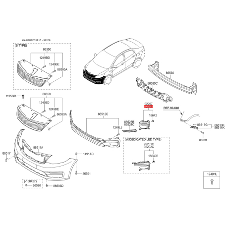 Фара денного освітлення права 92208-4Y000 Mobis - 922084Y000 - схема з каталогу 92208, REURPDXR15 922084Y000