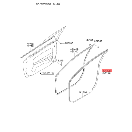 Ущільнення дверей праве 82120-2F000NM Mobis - 821202F000NM - схема з каталогу 82120B, KKMAPLD06 821202F000NM