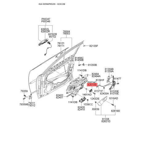 Ручка двери, внутреннее оснащение левая 82610-2G010 Mobis - 826102G010 - схема с каталога 82610B, KKMAPMG09 826102G010