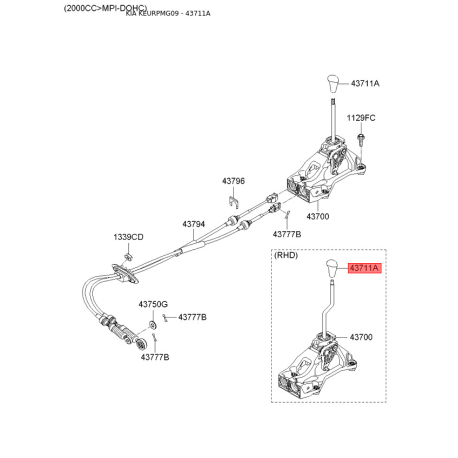 Ручка важеля перемикання передач МКПП 43711-38200 Mobis - 4371138200 - схема з каталогу 43711A, KEURPMG09 4371138200