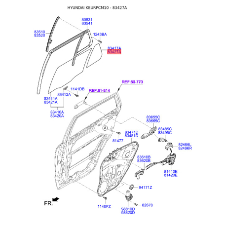Боковое стекло (окно) двери правое 83427-2B000 Mobis - 834272B000 - схема с каталога 83427A, KEURPCM10 834272B000