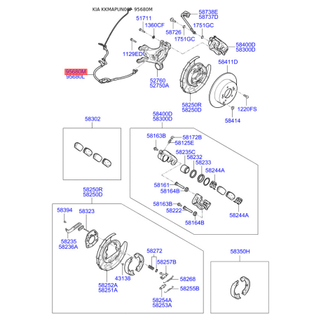 Датчик частоты вращения колеса (ABS) задний правый 95680-1D100 Mobis - 956801D100 - схема с каталога 95680M, KKMAPUN06 956801D100