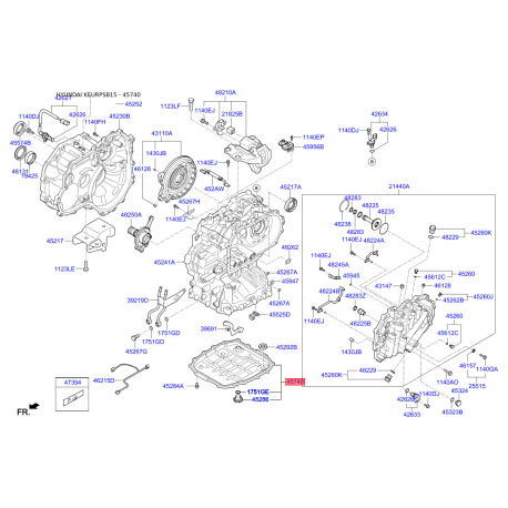 Масляний піддон, ступечанта коробка передач 48280-02200 Mobis - 4828002200 - схема з каталогу 45740, KEURPSB15 4828002200