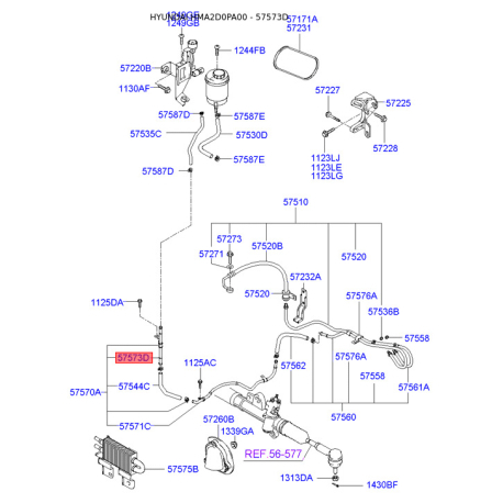 Гидравлический шланг(трубка), рулевое управление 57573-2D000 Mobis - 575732D000 - схема с каталога 57573D, HMA2D0PA00 575732D000