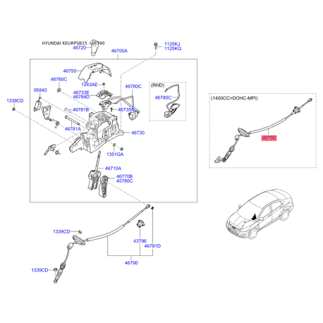 Трос АКПП 46790-1R100 Mobis - 467901R100 - схема з каталогу 46790, KEURPSB15 467901R100
