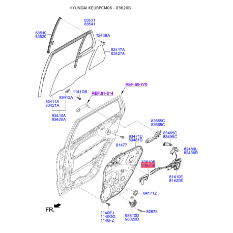 Ручка дверей, внутрішнє обладнання права 83620-2B010WK Mobis - 836202B010WK - схема з каталогу 83620B, KEURPCM06 836202B010WK
