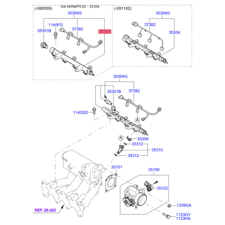 Рампа паливна 35304-26680 Mobis - 3530426680 - схема з каталогу 35304, KKMAPTC05 3530426680
