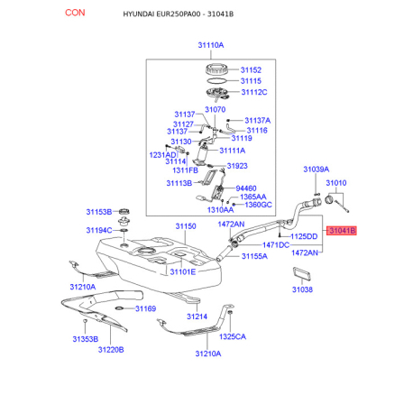 Заливная горловина, топливной бак 31040-25800 Mobis - 3104025800 - схема с каталога 31041B, EUR250PA00 3104025800