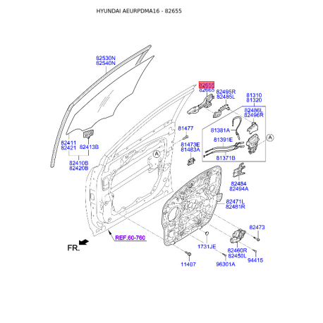 Ручка двери левая 82655-2W700 Mobis - 826552W700 - схема с каталога 82655, AEURPDMA16 826552W700