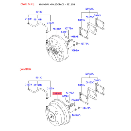 Підсилювач гальмівної системи 59110-2D320 Mobis - 591102D320 - схема з каталогу 59110B, HMA2D0PA00 591102D320