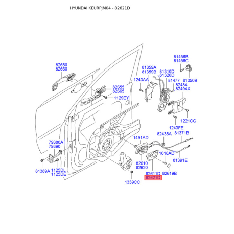 Ручка дверей, внутрішнє обладнання права 82622-2E000J2 Mobis - 826222E000J2 - схема з каталогу 82621D, KEURPJM04 826222E000J2