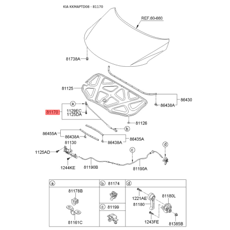 Упор капота і його кріплення 81170-1M000 Mobis - 811701M000 - схема з каталогу 81170, KKMAPTD08 811701M000