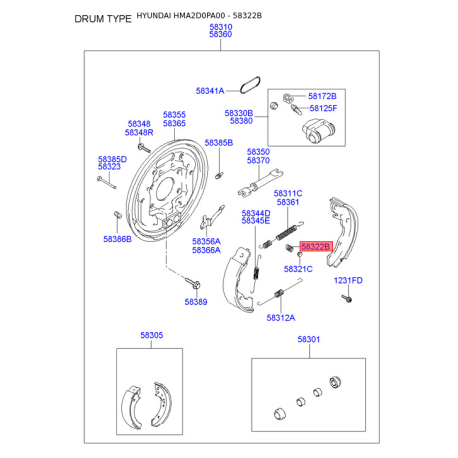 Підпружинений стопорний штифт, гальмівна колодка 58322-28000 Mobis - 5832228000 - схема з каталогу 58322B, HMA2D0PA00 5832228000