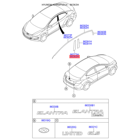 Облицювання / захисна накладка, боковина заднє ліве 86363-3X000 Mobis - 863633X000 - схема з каталогу 86363H, KHMAPSD14 863633X000