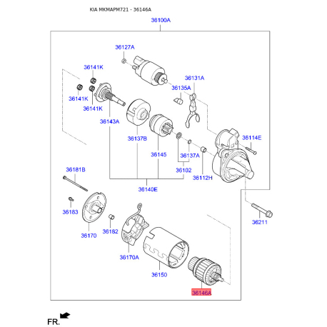 Якорь, стартер 36150-2E500 Mobis - 361502E500 - схема с каталога 36146A, MKMAPM721 361502E500