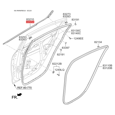 Ущільнювач (прокладка), бічне скло правий 83220-A7010 Mobis - 83220A7010 - схема з каталогу 83220, MKMAPB016 83220A7010